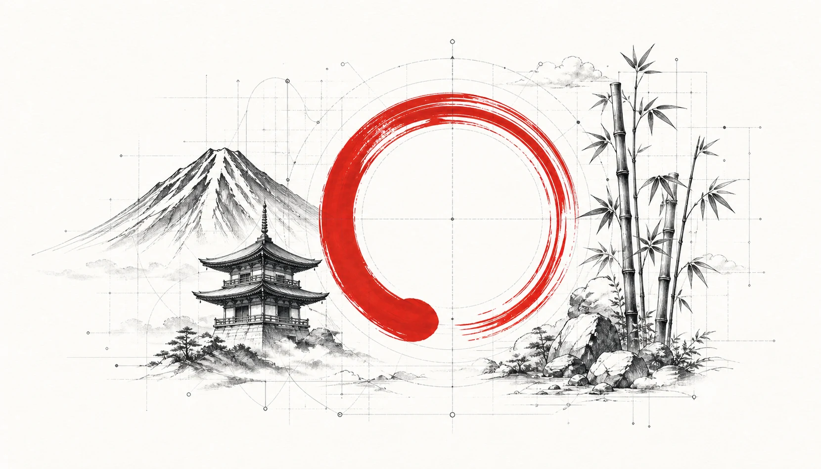 Ink drawing of Mount Fuji, a pagoda, an ensō circle, bamboo, and engineering construction lines